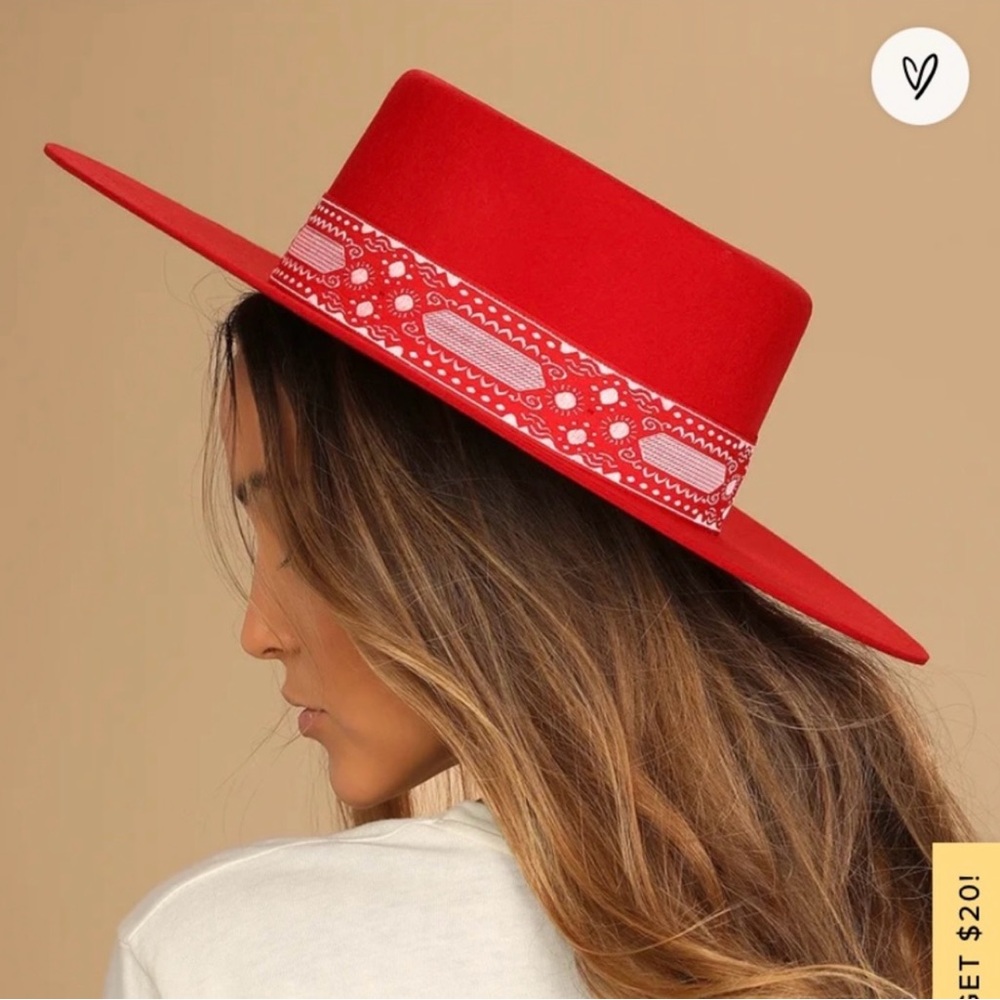 Lack of Color Red Wide-Brim Hat with Patterned Band